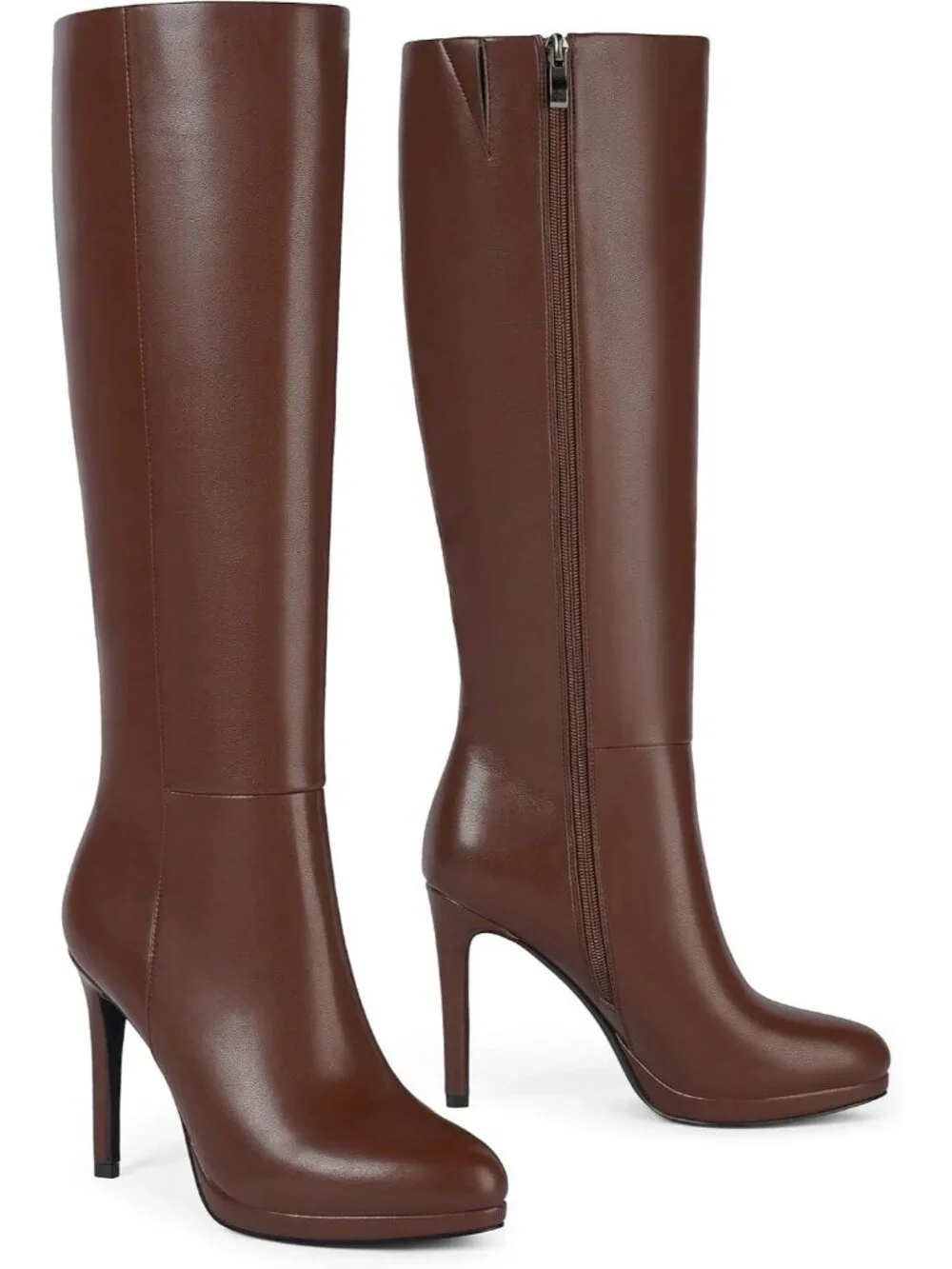 Women's Brown Pu2 Round Toe Stiletto Heels Fall Tall Platforms Boots Side Zipper